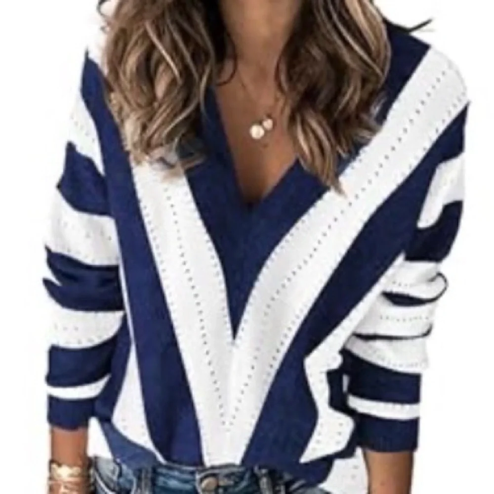 Women's V-Neck Striped Sweater - Blue and White - Picture 1 of 2